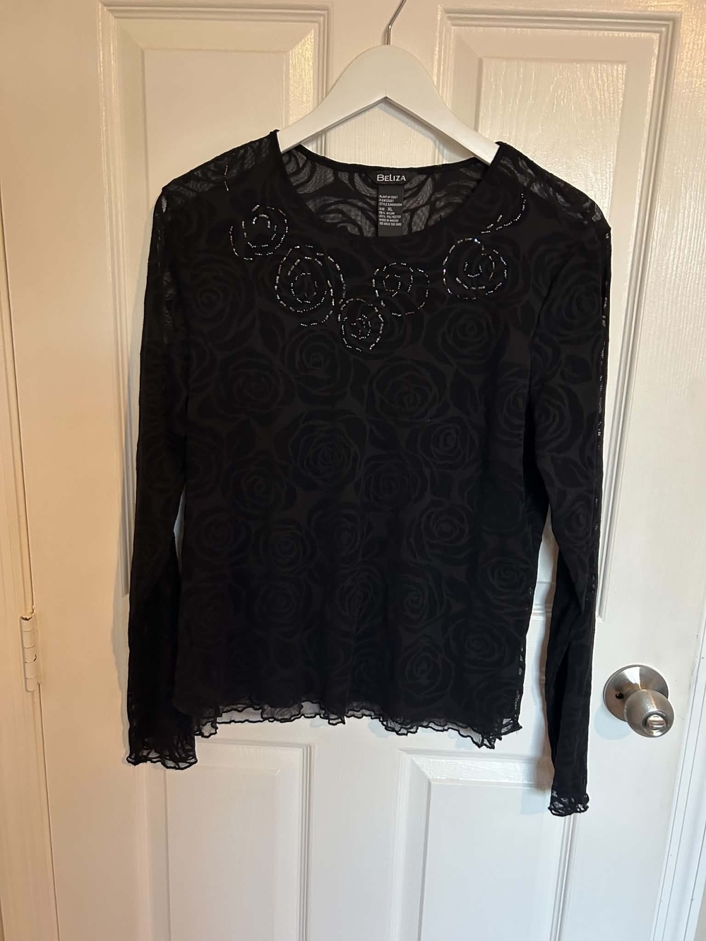 Beliza Black Long-Sleeve Rose Pattern Mesh Top with Embellished Neckline